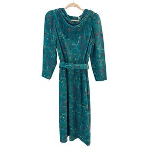 Vintage 80s Herman Marcus Dallas Teal Abstract Cowl Neck Belted Midi Dress 10